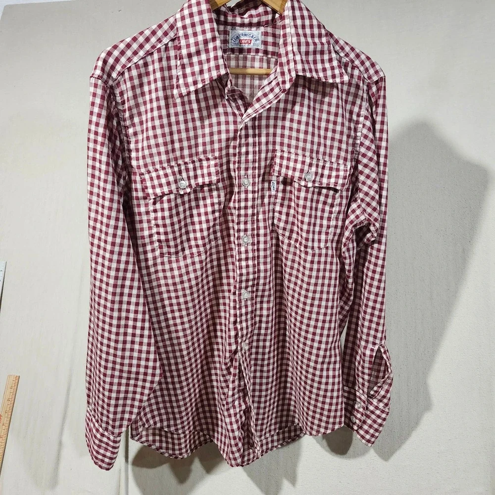 Vintage Levis Men Maroon White Gingham Check Button Down Shirt Large Long Sleeve